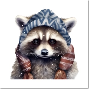 Raccoon in a warm hat and scarf winter Posters and Art